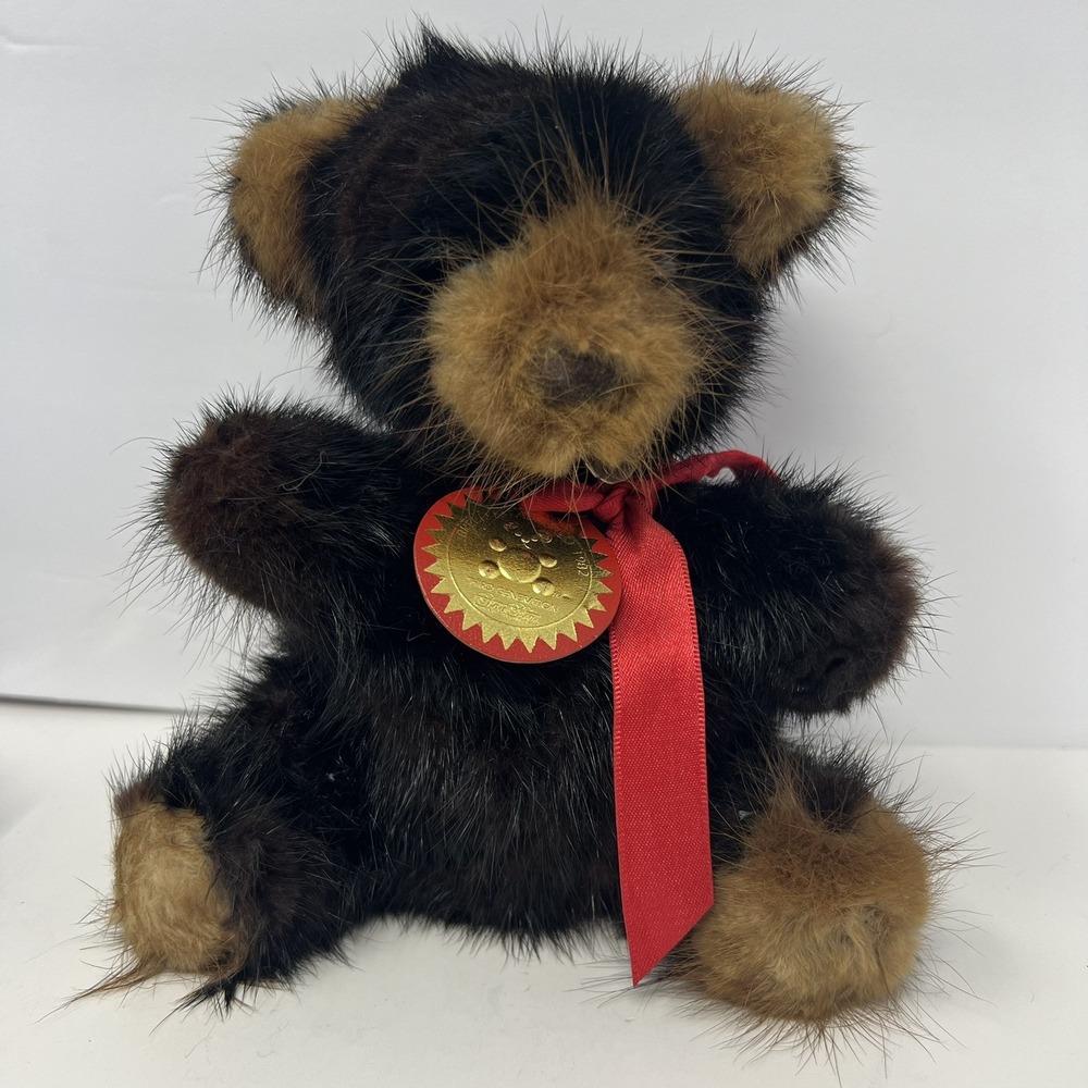 1982 Rare Black Bear Plush Red Bow 6" Mink Polyester Fiber 80's retro classic
